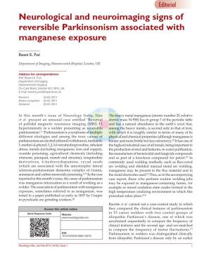 Neurological and Neuroimaging Signs of Reversible Parkinsonism Associated with Manganese Exposure