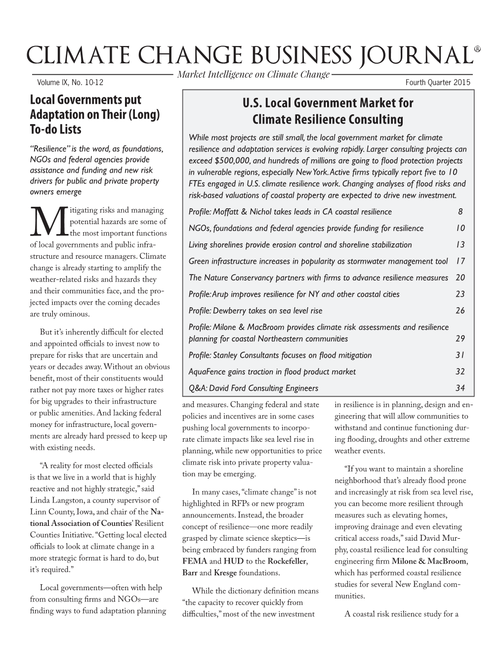 Climate Change Business Journal Market Intelligence on Climate Change 4Th Quarter 2015