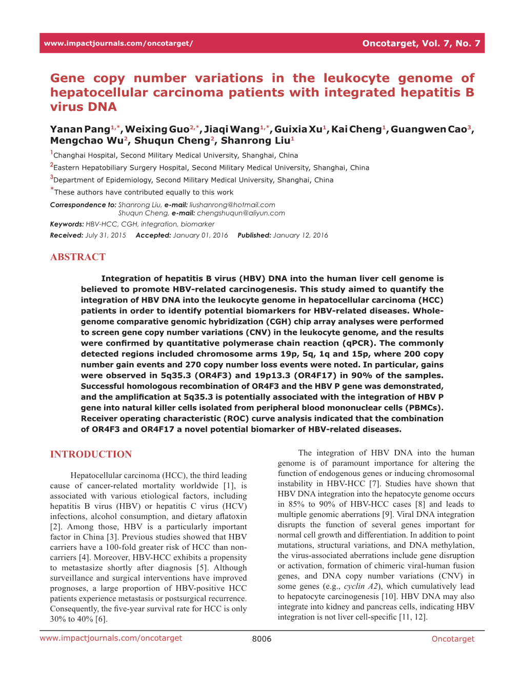 Gene Copy Number Variations in the Leukocyte Genome of Hepatocellular Carcinoma Patients with Integrated Hepatitis B Virus DNA