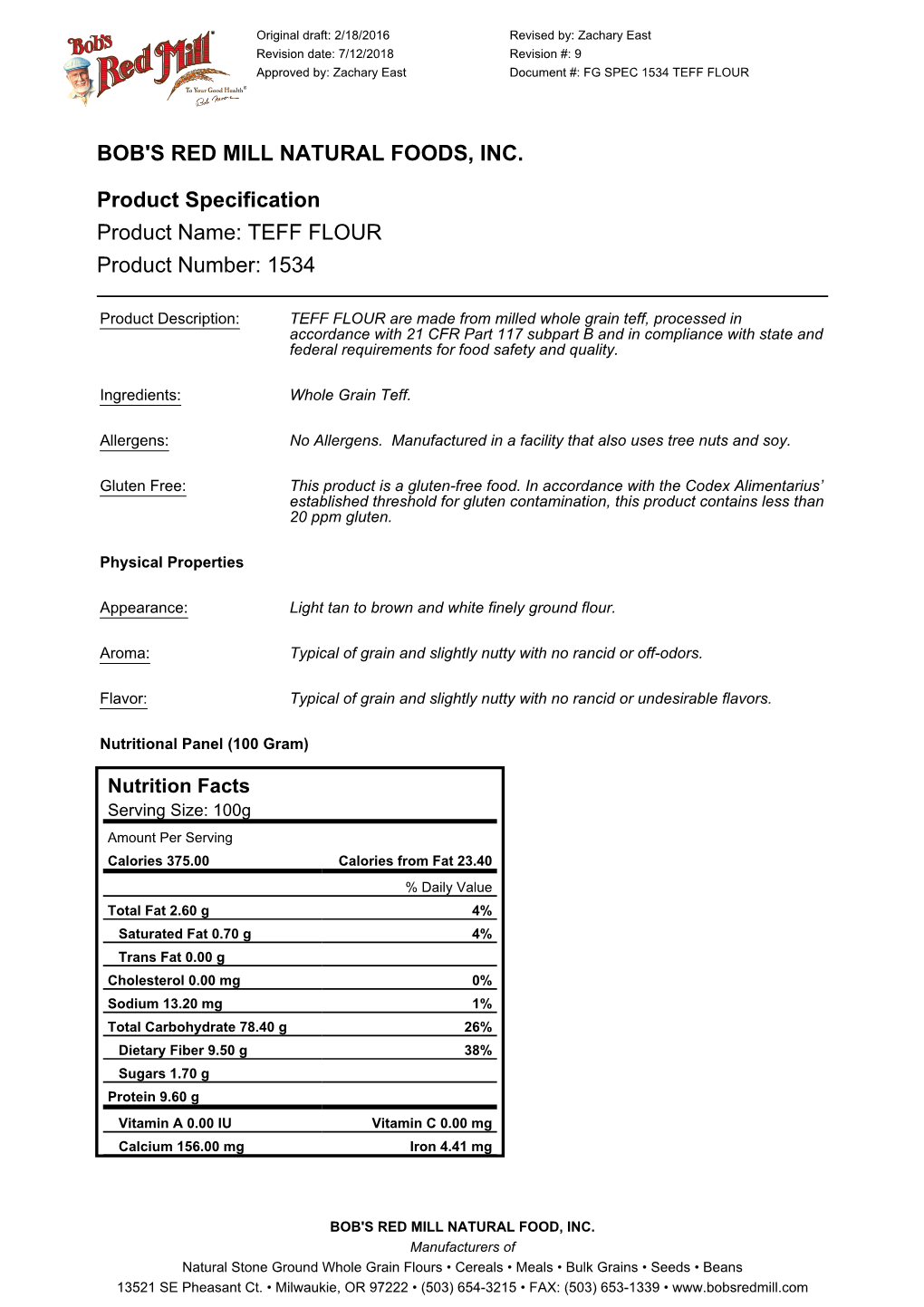 TEFF FLOUR Product Number: 1534