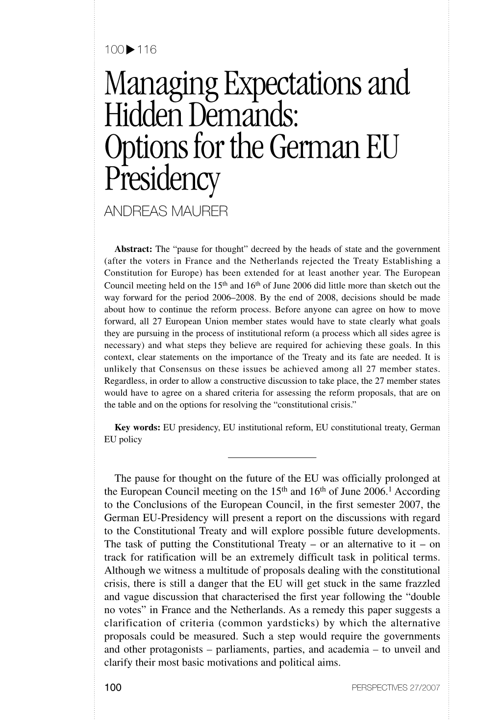 Options for the German EU Presidency ANDREAS MAURER