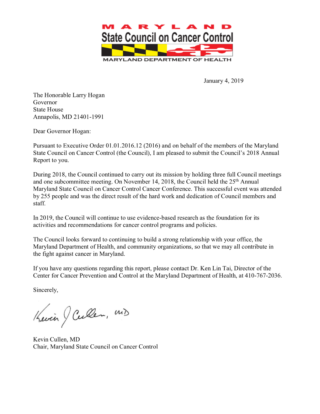 Maryland State Council on Cancer Control (The Council), I Am Pleased to Submit the Council’S 2018 Annual Report to You