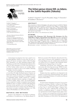 The Lichen Genus Usnea Dill. Ex Adans. in the Sakha Republic (Yakutia)