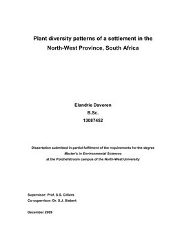 Plant Diversity Patterns of a Settlement in the North-West Province, South Africa
