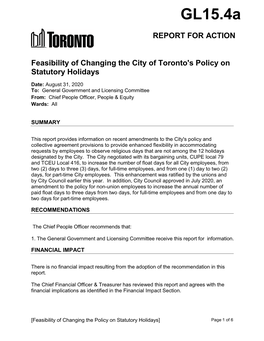 Feasibility of Changing the City of Toronto's Policy on Statutory Holidays