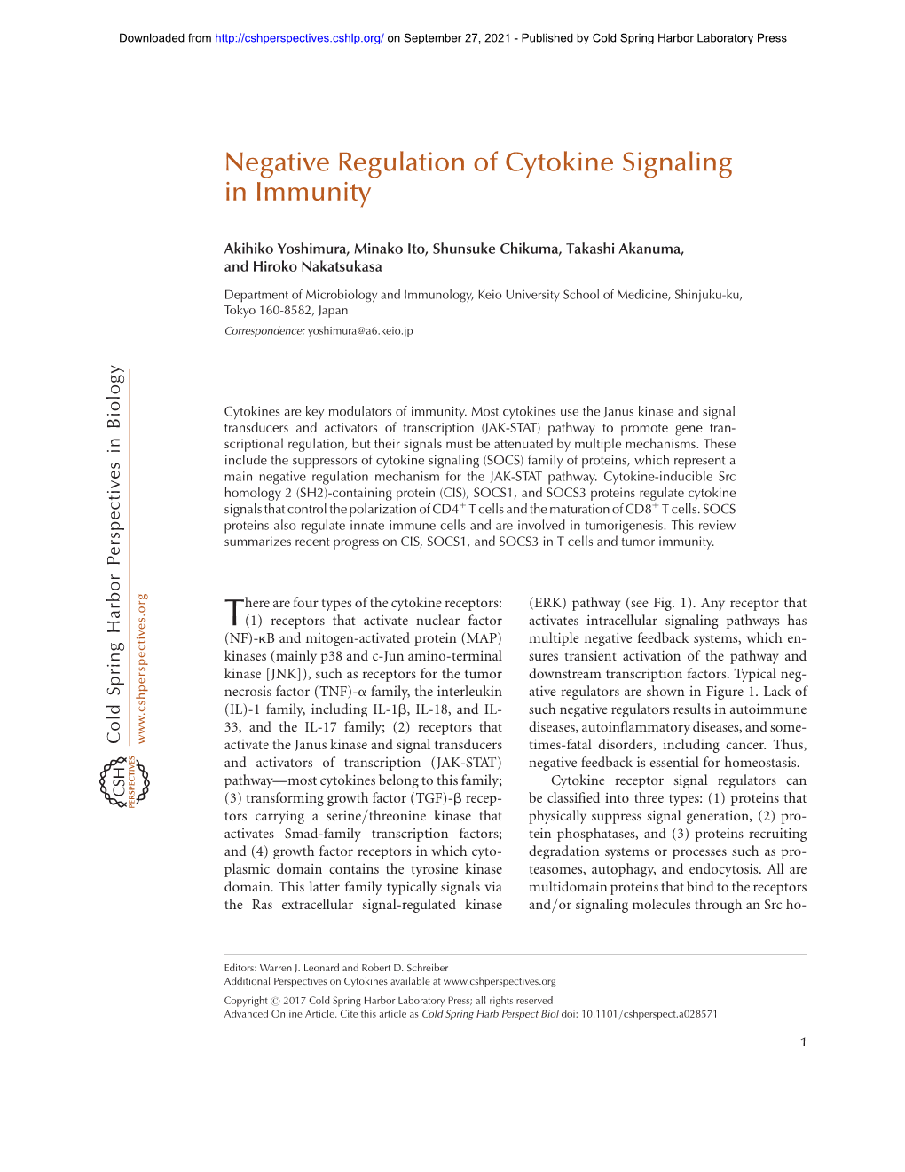 Negative Regulation of Cytokine Signaling in Immunity