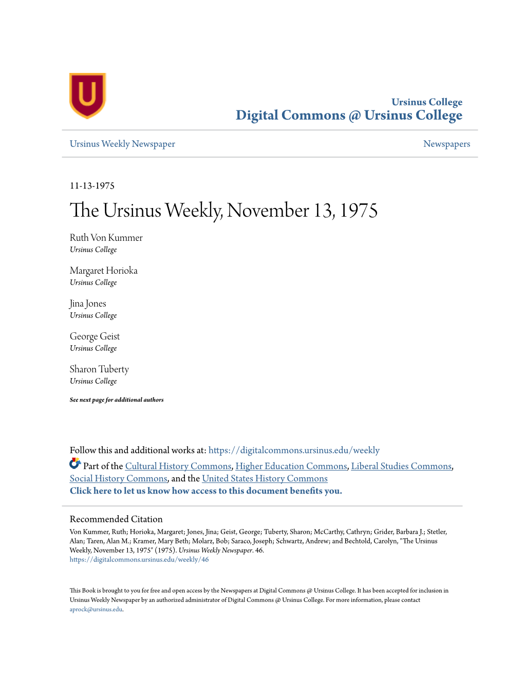 The Ursinus Weekly, November 13, 1975