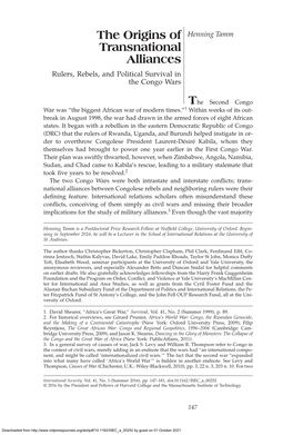 The Origins of Transnational Alliances the Origins of Henning Tamm Transnational Alliances Rulers, Rebels, and Political Survival in the Congo Wars
