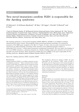 Two Novel Mutations Confirm FGD1 Is Responsible for the Aarskog Syndrome