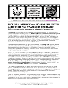 FLICKERS RI INTERNATIONAL HORROR FILM FESTIVAL ANNOUNCES FILM AWARDS for 14TH SEASON 56 Films from Across the Globe Vied for Adjudicated Genre Awards