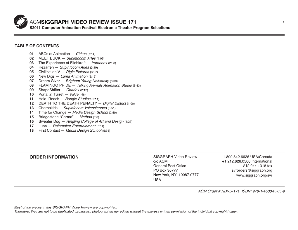 VIDEO REVIEW ISSUE 171 1 S2011 Computer Animation Festival Electronic Theater Program Selections