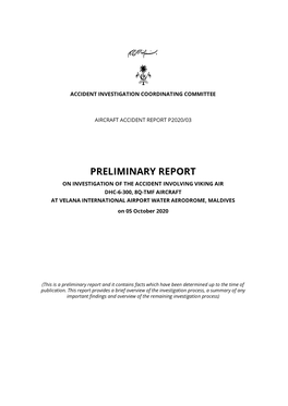 Preliminary Report on Investigation of the Accident Involving Viking Air Dhc-6-300, 8Q-Tmf Aircraft at Velana International Airport Water Aerodrome, Maldives