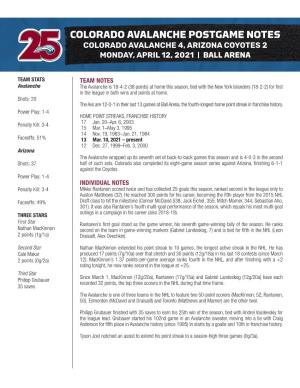 Colorado Avalanche Postgame Notes Colorado Avalanche 4, Arizona Coyotes 2 Monday, April 12, 2021 | Ball Arena