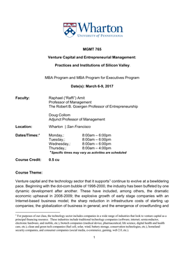 MGMT 765 Venture Capital and Entrepreneurial