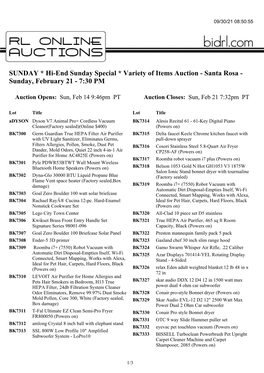 SUNDAY * Hi-End Sunday Special * Variety of Items Auction - Santa Rosa - Sunday, February 21 - 7:30 PM