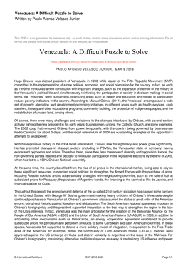 Venezuela: a Difficult Puzzle to Solve Written by Paulo Afonso Velasco Junior