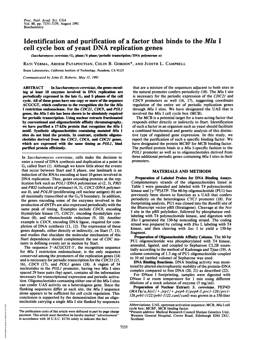 Identification and Purification of a Factor That Binds to the Mlu I Cell Cycle Box of Yeast DNA Replication Genes