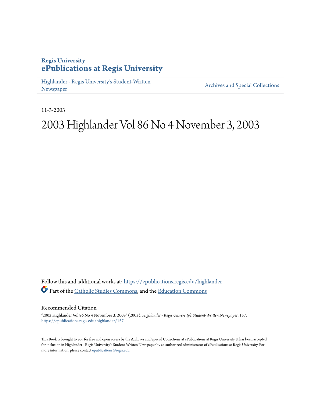 2003 Highlander Vol 86 No 4 November 3, 2003