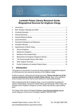 Lambeth Palace Library Research Guide Biographical Sources for Anglican Clergy