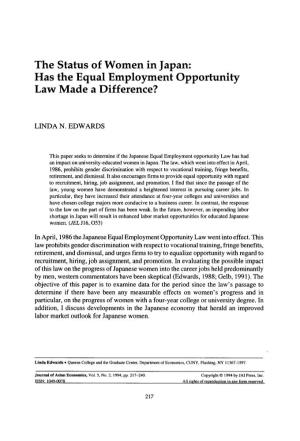The Status of Women in Japan: Has the Equal Employment Opportunity Law Made a Difference?
