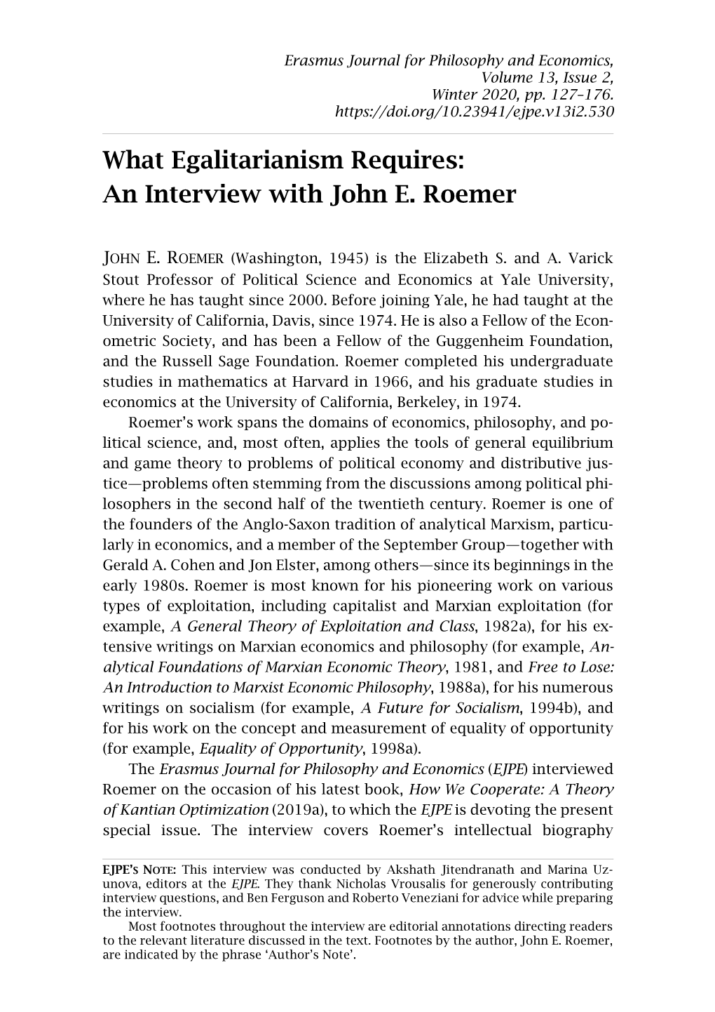 What Egalitarianism Requires: an Interview with John E. Roemer