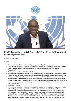Nobel Peace Price 2020 for World Food Programme 2020