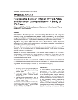 Original Article Relationship Between Inferior Thyroid Artery and Recurrent Laryngeal Nerve
