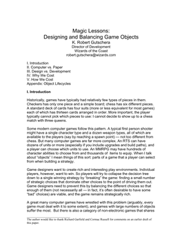 Magic Lessons: Designing and Balancing Game Objects K