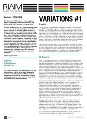 VARIATIONS #1 Devoted to Exploring the Complex Map of Sound Art from Different Points of View Organised in Curatorial Series