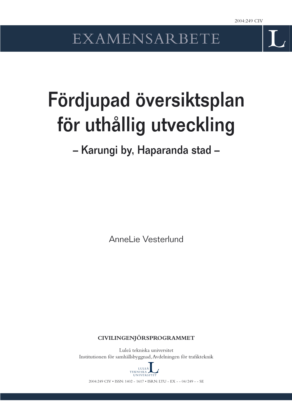 Fördjupad Översiktsplan För Uthållig Utveckling: Karungi By