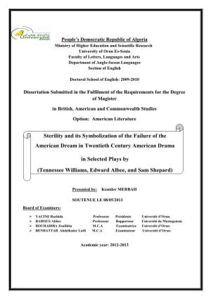 Sterility and Its Symbolization of the Failure of the American Dream in Twentieth Century American Drama in Selected Plays By