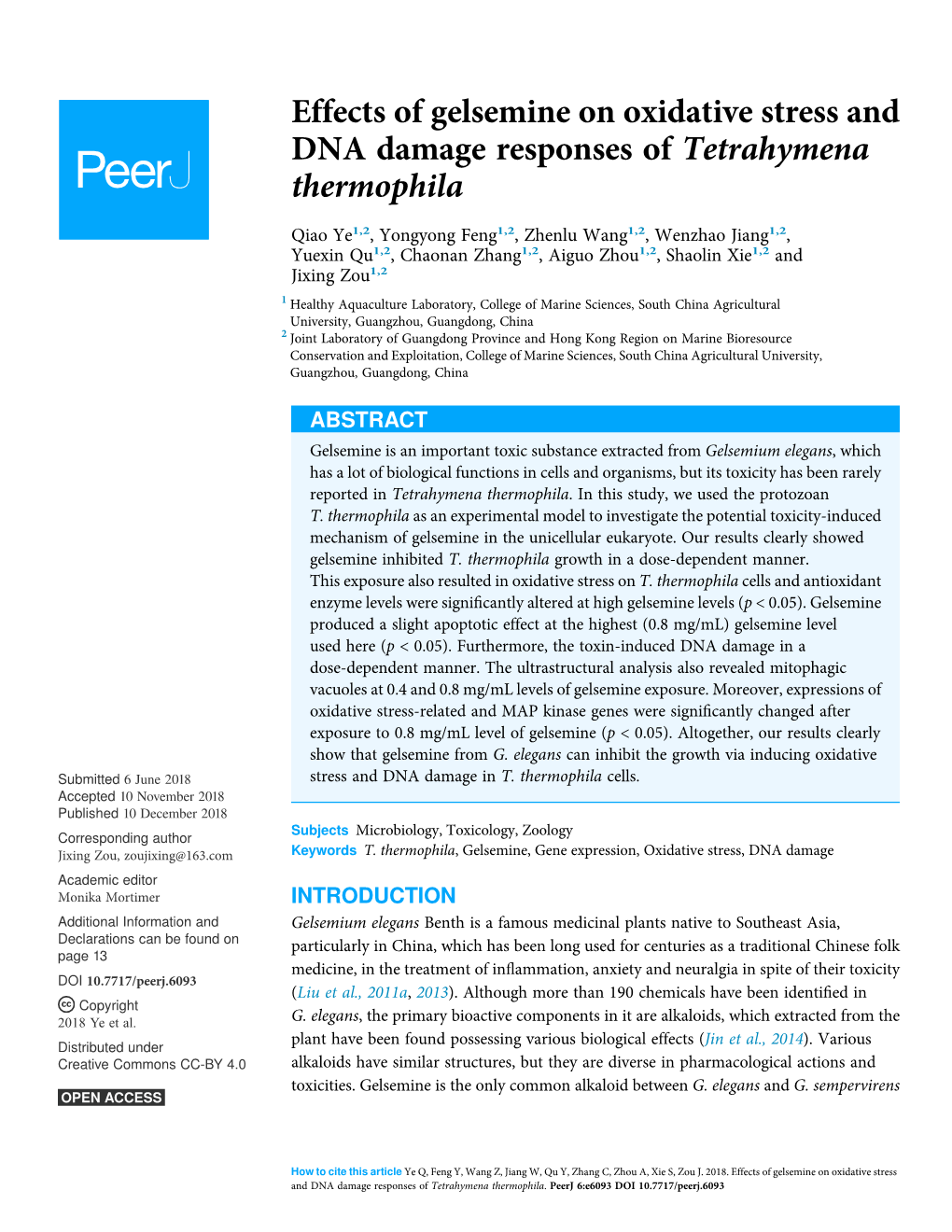 Effects of Gelsemine on Oxidative Stress and DNA Damage Responses of Tetrahymena Thermophila