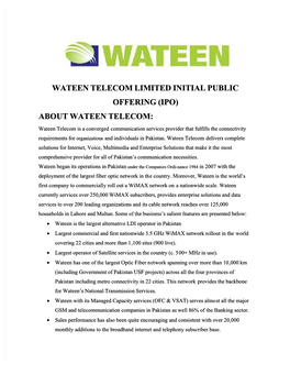 Wateen Telecom Limited Initial Public Offering (Ipo) About Wateen Telecom