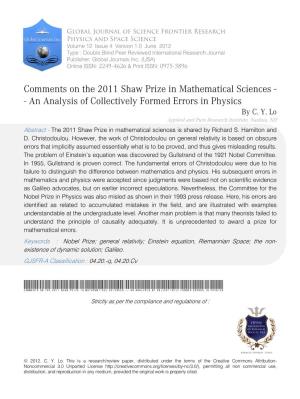 Comments on the 2011 Shaw Prize in Mathematical Sciences - - an Analysis of Collectively Formed Errors in Physics by C
