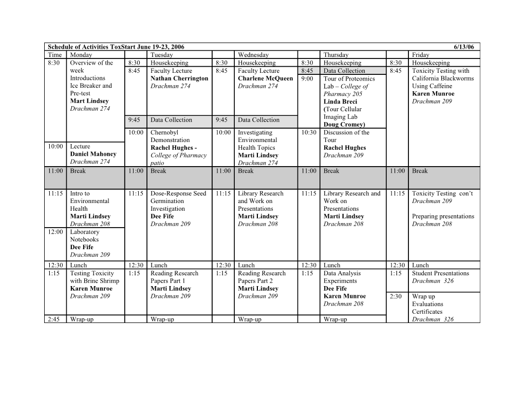 Schedule of Activities Toxstart June 19-23, 2006