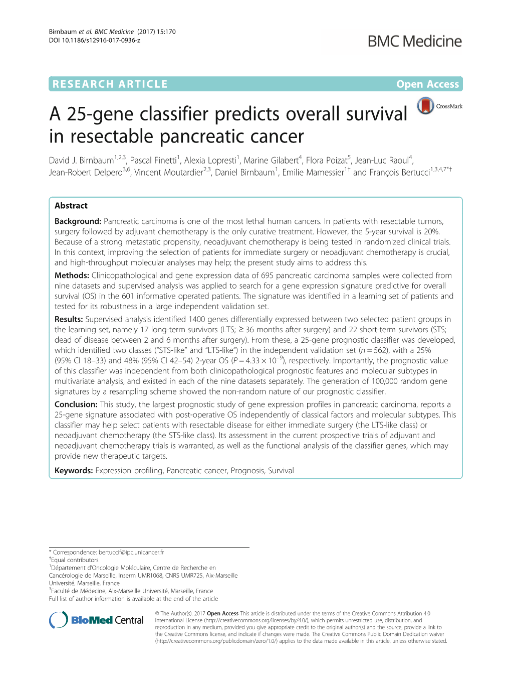 A 25-Gene Classifier Predicts Overall Survival in Resectable Pancreatic Cancer David J