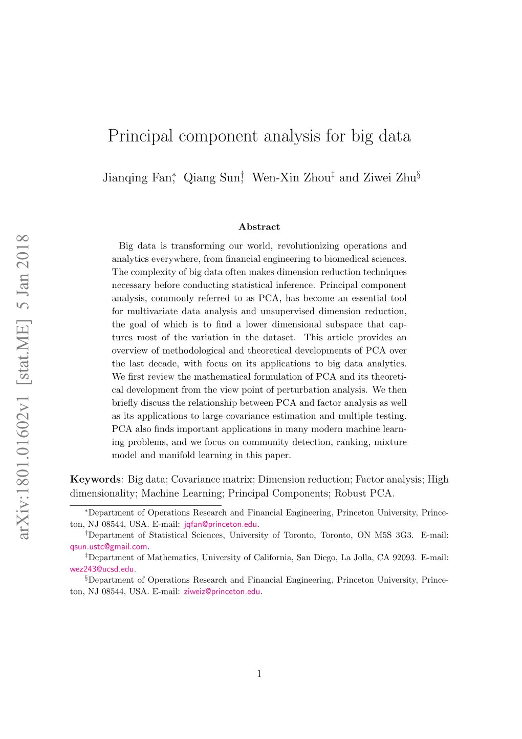 Principal Component Analysis for Big Data Arxiv:1801.01602V1 [Stat.ME