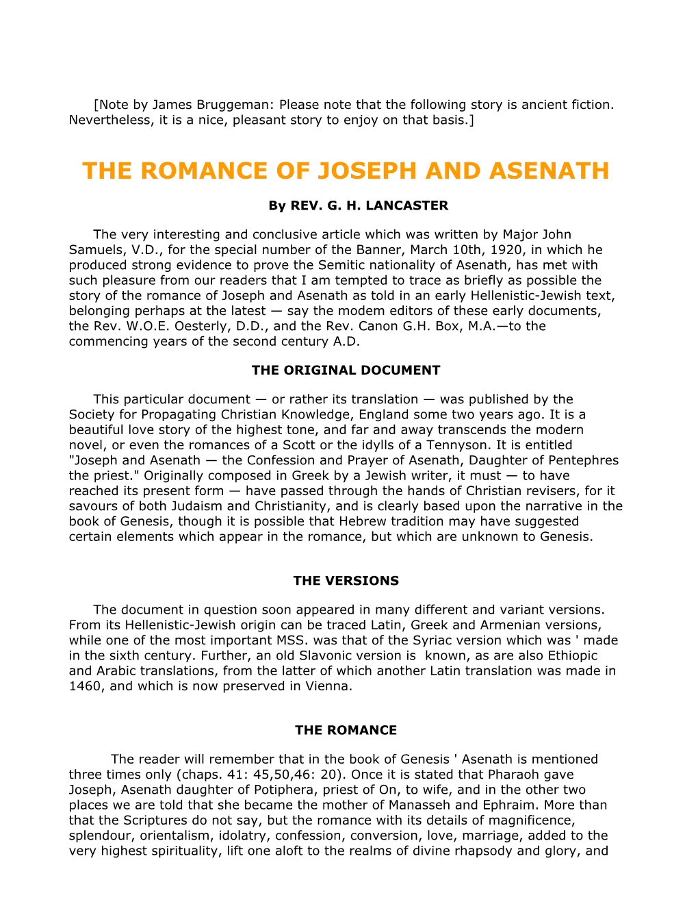 The Romance of Joseph and Asenath