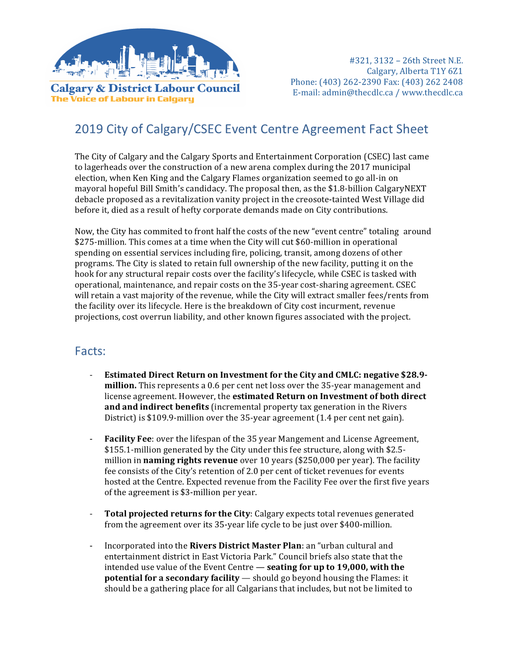 2019 City of Calgary/CSEC Event Centre Agreement Fact Sheet