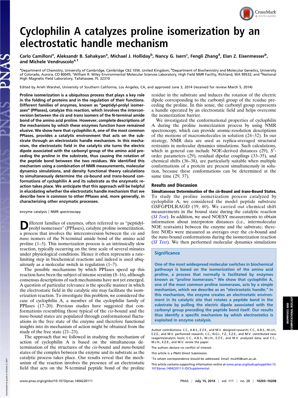 Cyclophilin a Catalyzes Proline Isomerization by an Electrostatic Handle Mechanism