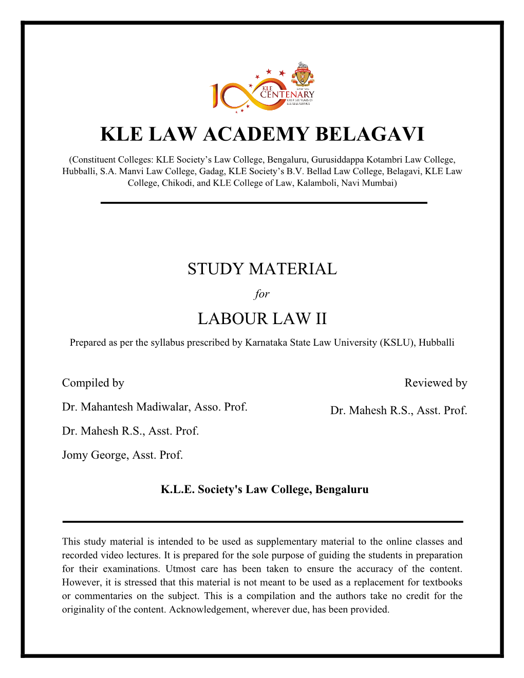 LABOUR LAW II Prepared As Per the Syllabus Prescribed by Karnataka State Law University (KSLU), Hubballi