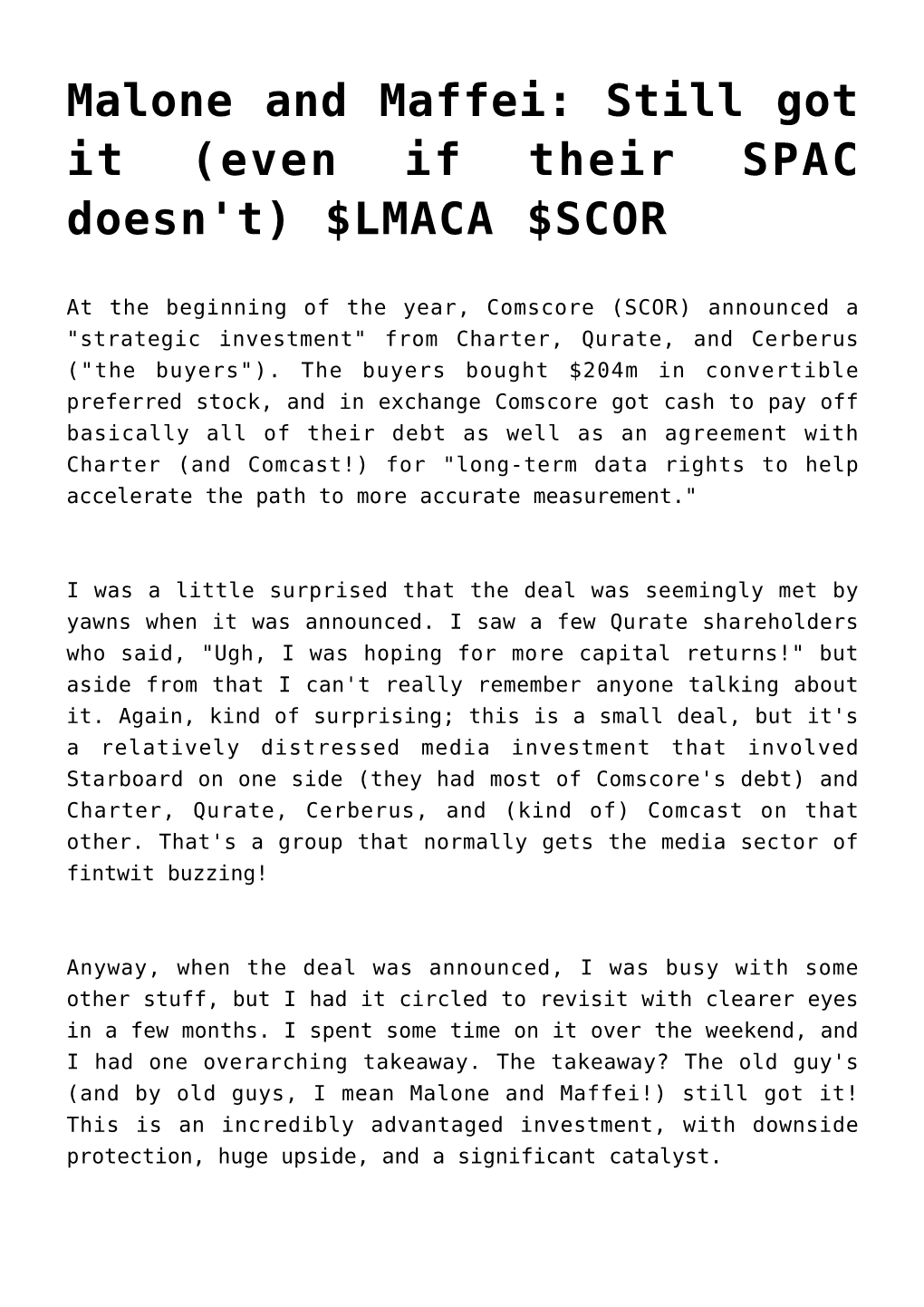 Malone and Maffei: Still Got It (Even If Their SPAC Doesn't) $LMACA $SCOR