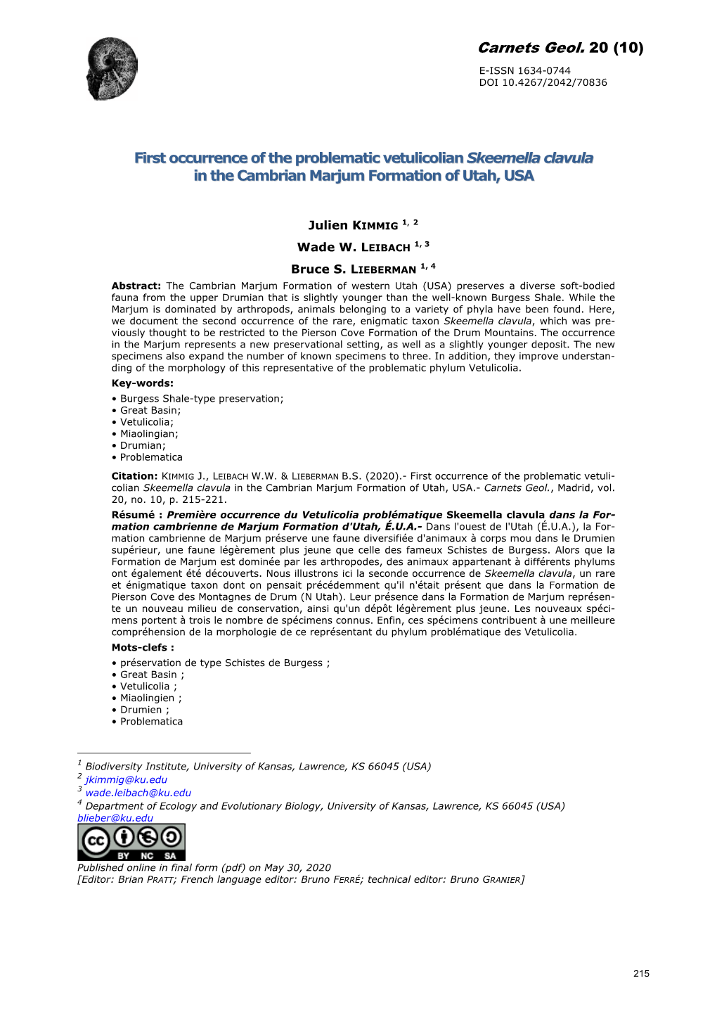 First Occurrence of the Problematic Vetulicolian Skeemella Clavula in the Cambrian Marjum Formation of Utah, USA