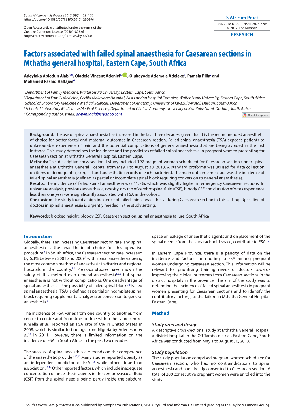 Factors Associated with Failed Spinal Anaesthesia for Caesarean Sections in Mthatha General Hospital, Eastern Cape, South Africa