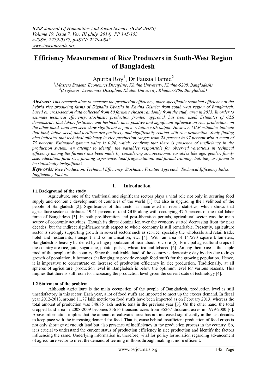 Efficiency Measurement of Rice Producers in South-West Region of Bangladesh