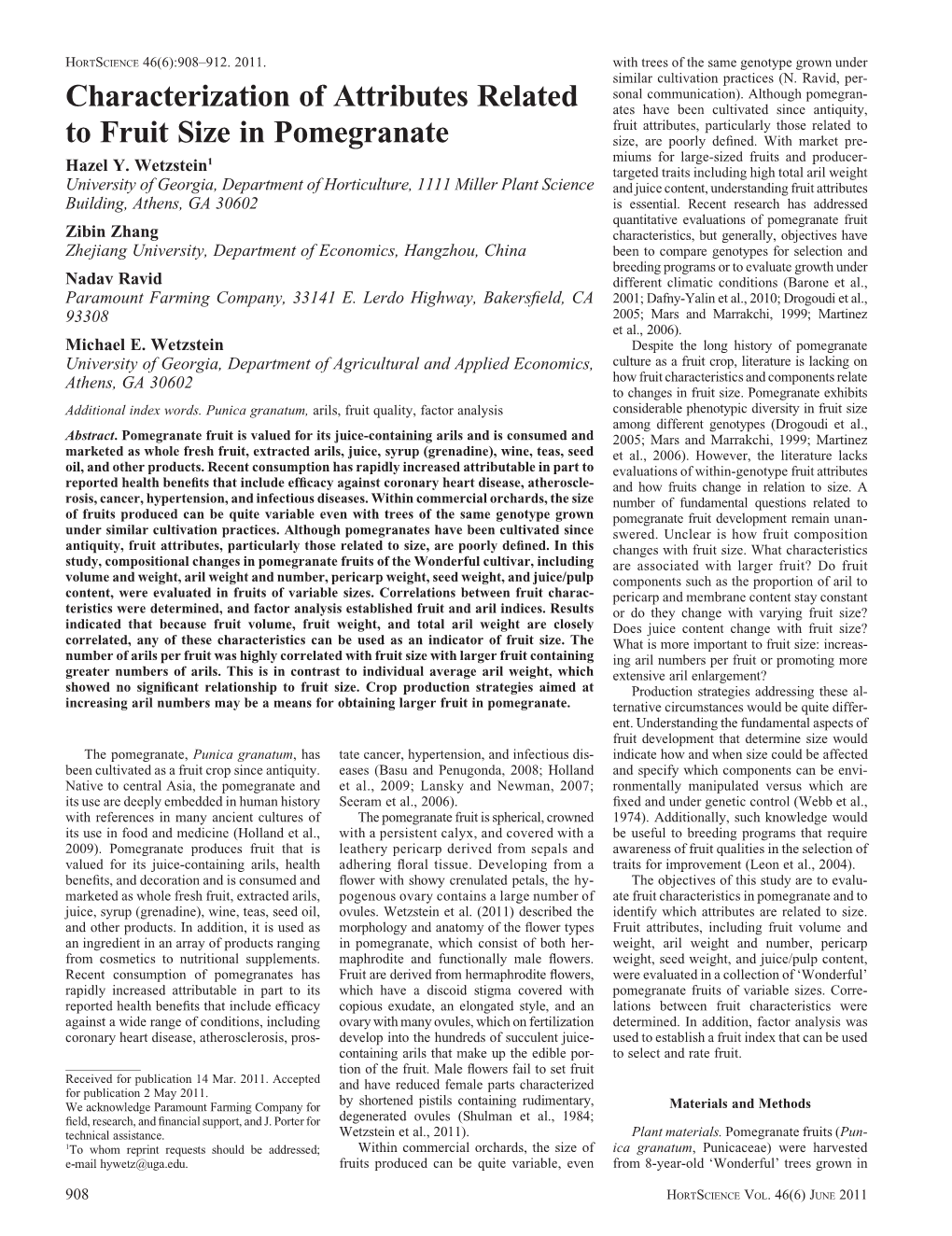 Characterization of Attributes Related to Fruit Size in Pomegranate