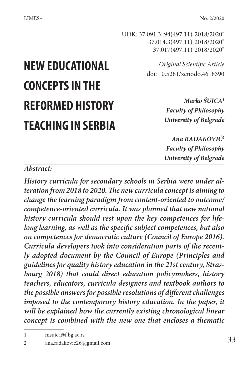 New Educational Concepts in the Reformed History Teaching