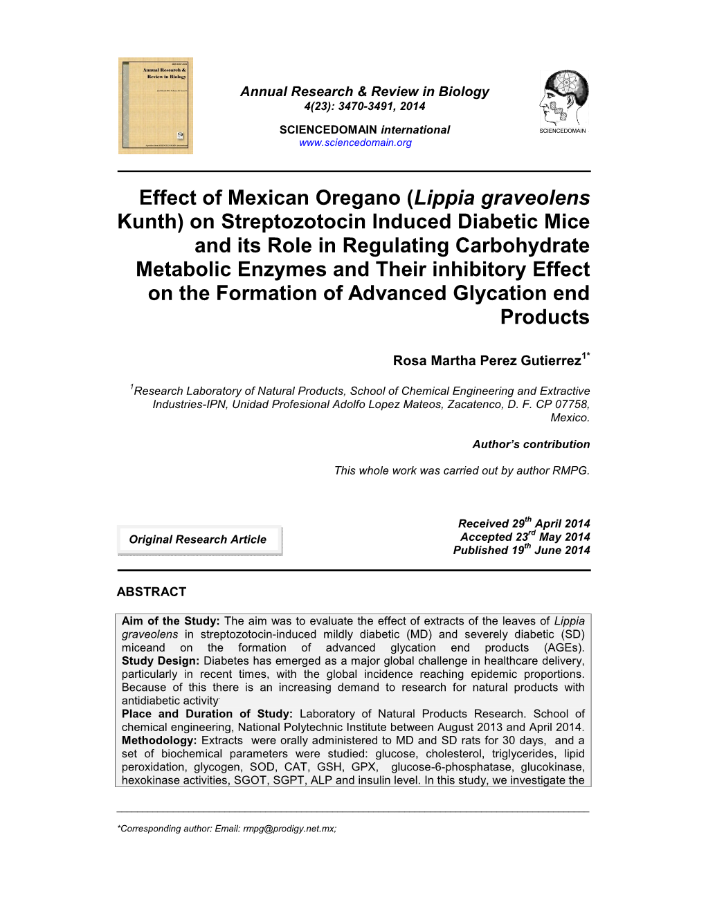 Effect of Mexican Oregano ( Lippia Graveolens Kunth)