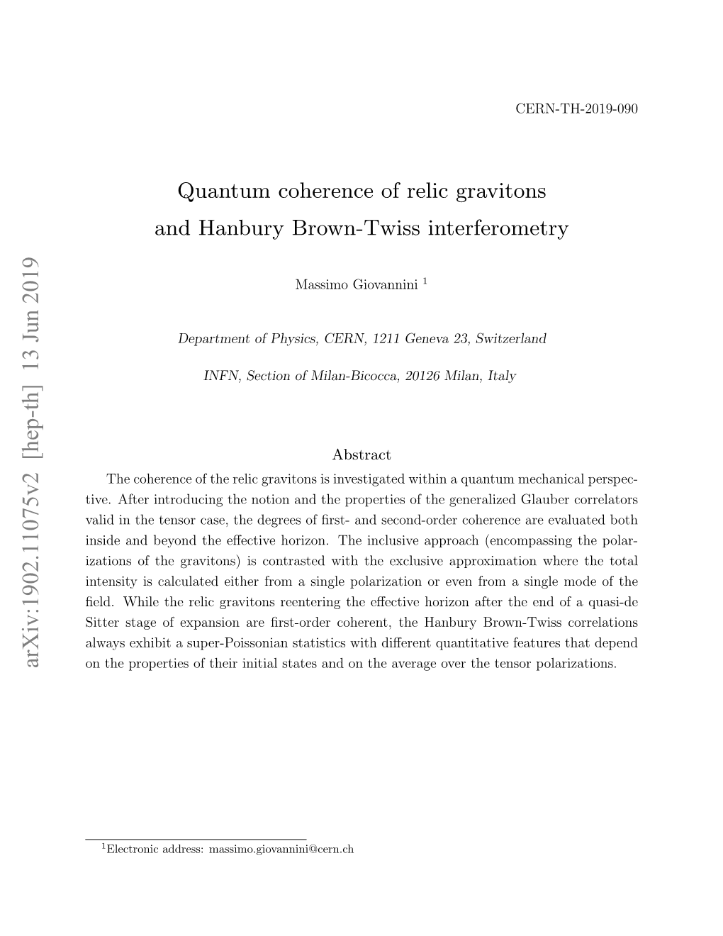 Arxiv: Quantum Coherence of Relic Gravitons and Hanbury Brown