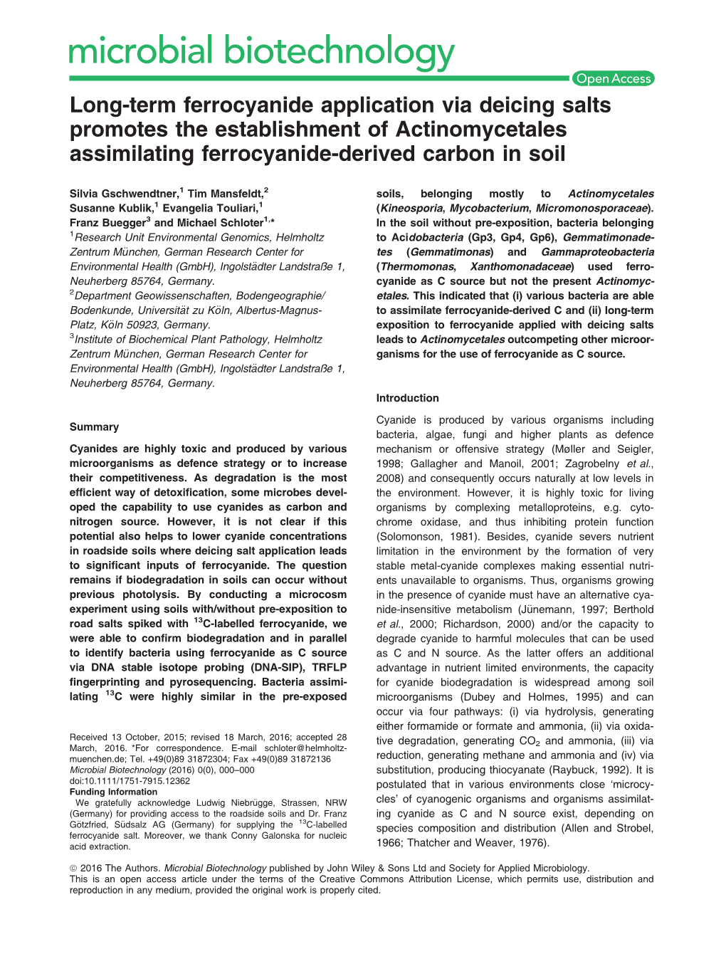 Long-Term Ferrocyanide Application Via Deicing Salts Promotes the Establishment of Actinomycetales Assimilating Ferrocyanide-Derived Carbon in Soil